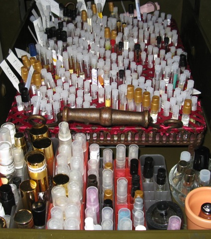 The desk drawer of samples and decants.