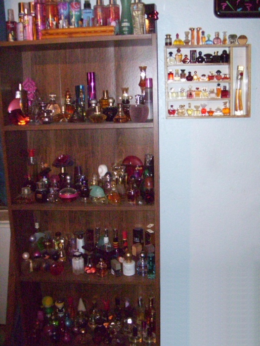 Cleared out a bookcase to put the majority of my bottles in =)   The mini shelf next to it is actually a drawer organizer for knives, forks  that I found at a thrift store.